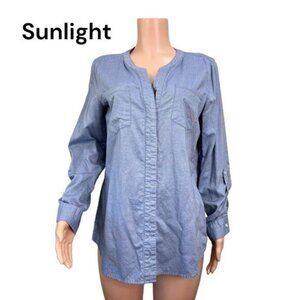 Westbound Women SZ Large  100% Cotton Blue Chambray Knit Button Up Shirt Top